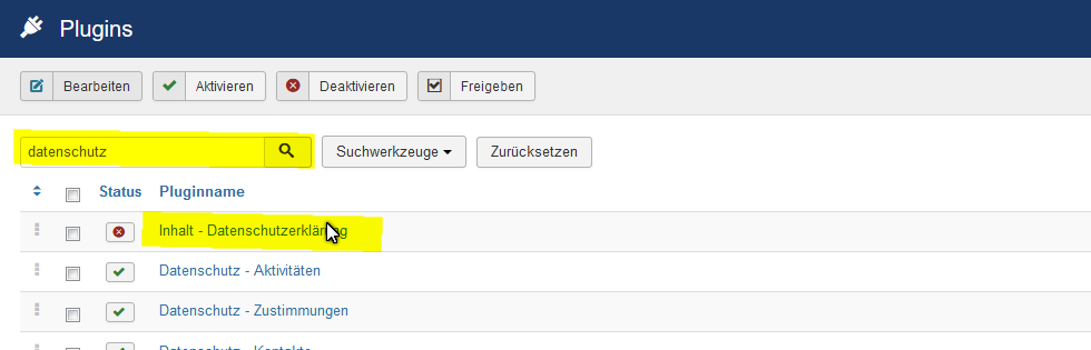 Bearbeite und Aktiviere das Plugin "Inhalt - Datenschutzerklärung"