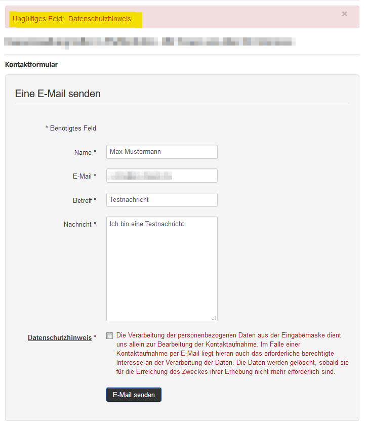 Wird der Datenschutzbestimmung nicht zugestimmt, erhält der Benutzer einen Hinweis