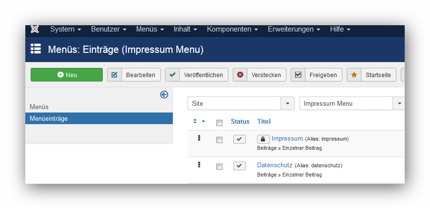 Beiträge erstellen und mit dem neuen Menü verlinken.