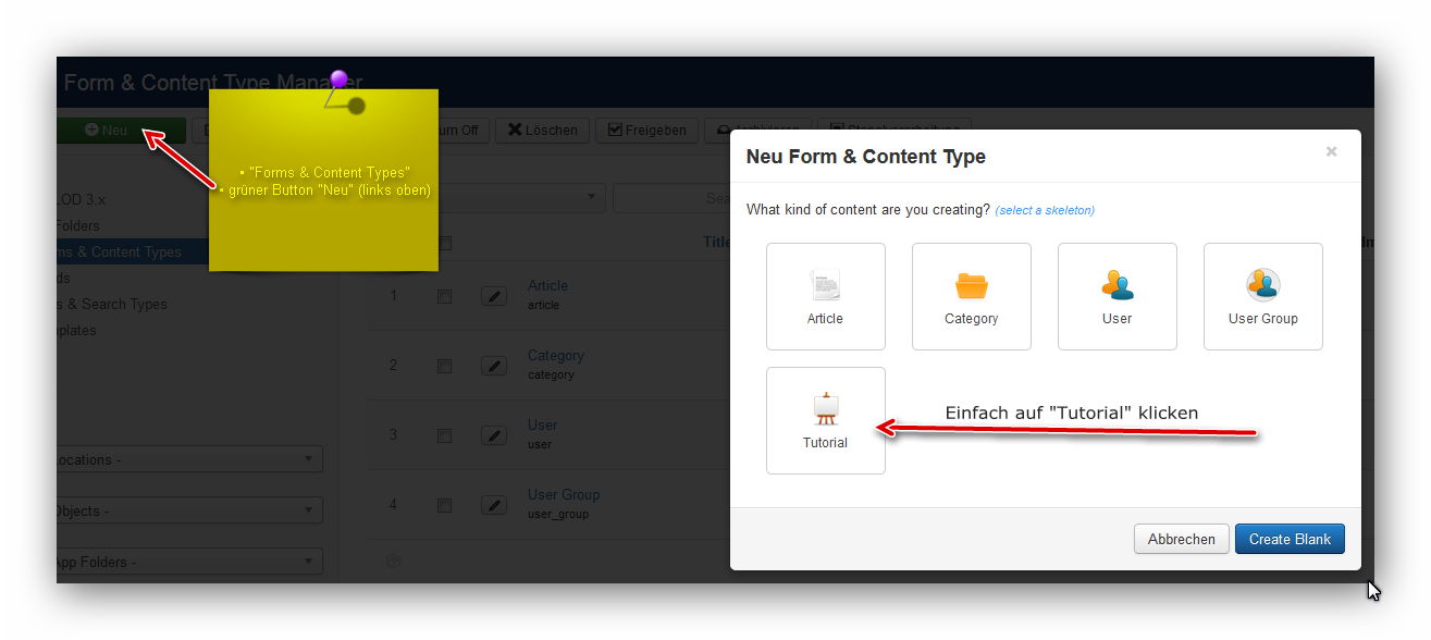 Einen neuen Forms & Content Types erstellen